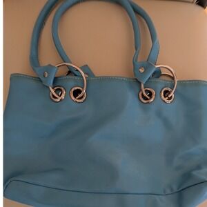 Giannini Turquoise Blue Faux Leather Shoulder Bag Tote Silver Ring Hardware